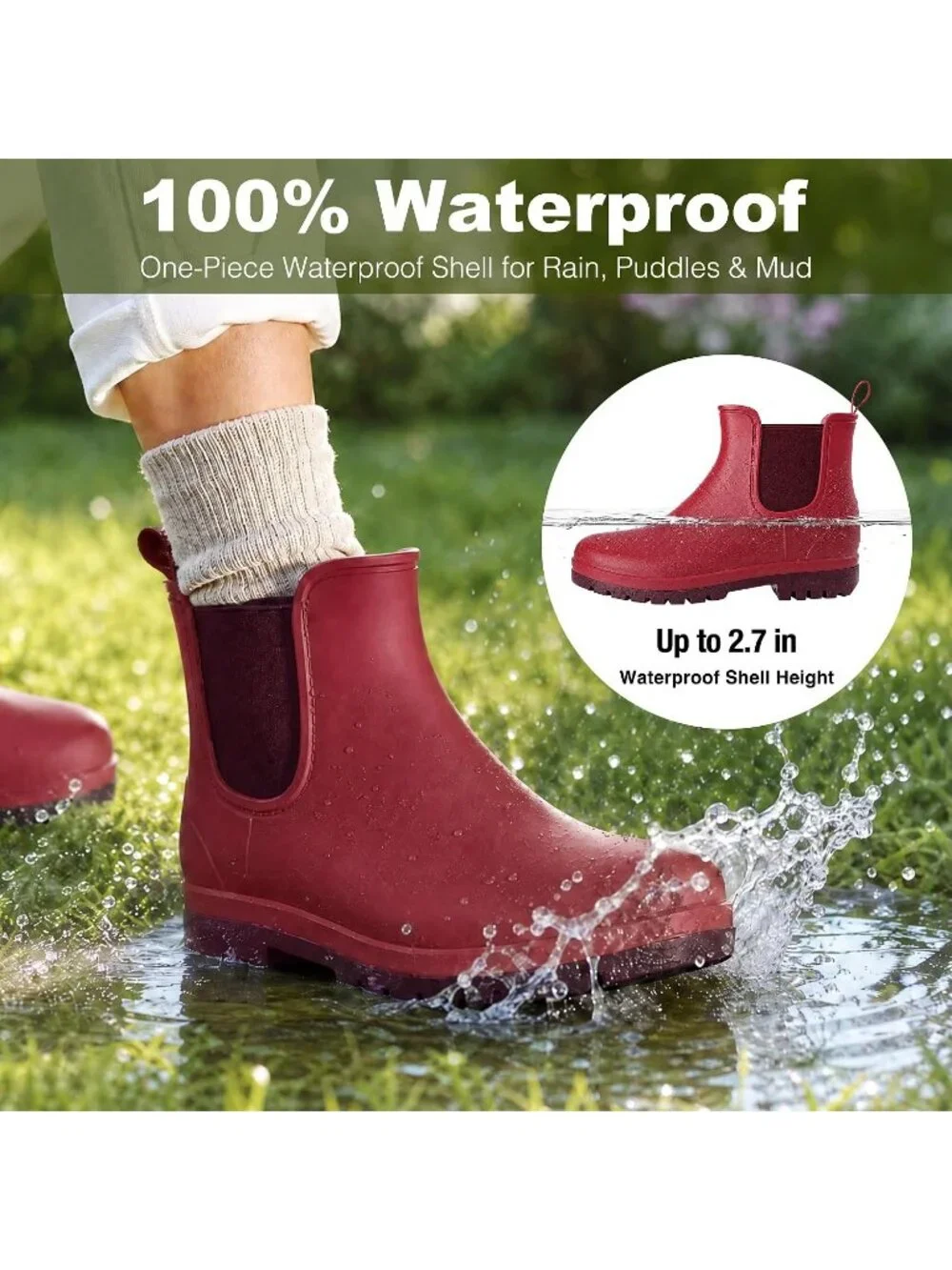 Women's Ancla Red Waterproof Chelsea Rain Boots Non Slip Garden Ankle Boots